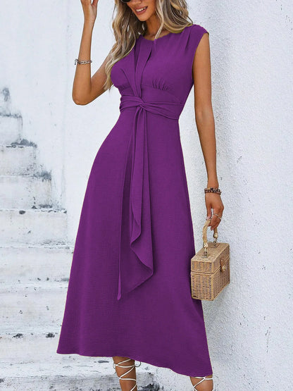 Women's Elegant Belted Midi Dress with Thin Front Straps