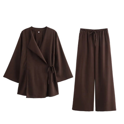 Linen Women's 2-Piece Set: Kimono Style Loose Lace-Up Shirt and Wide Leg Pants