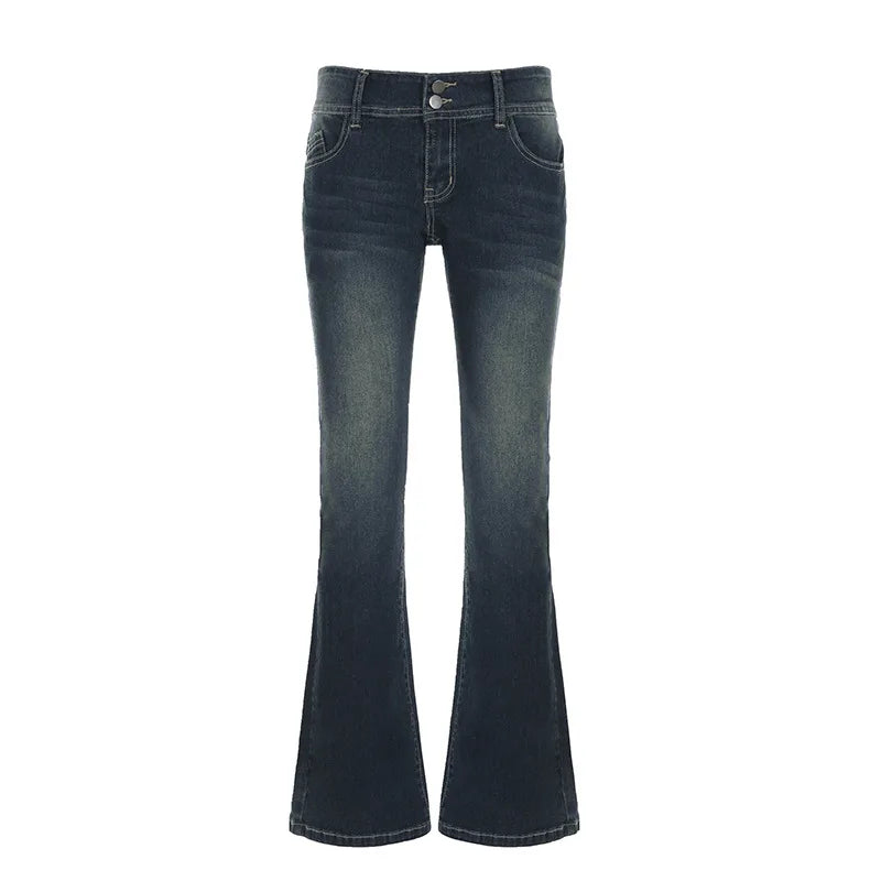 Vintage Women’s Flare Jeans – Distressed Denim Trousers with Low Waist, Washed Finish