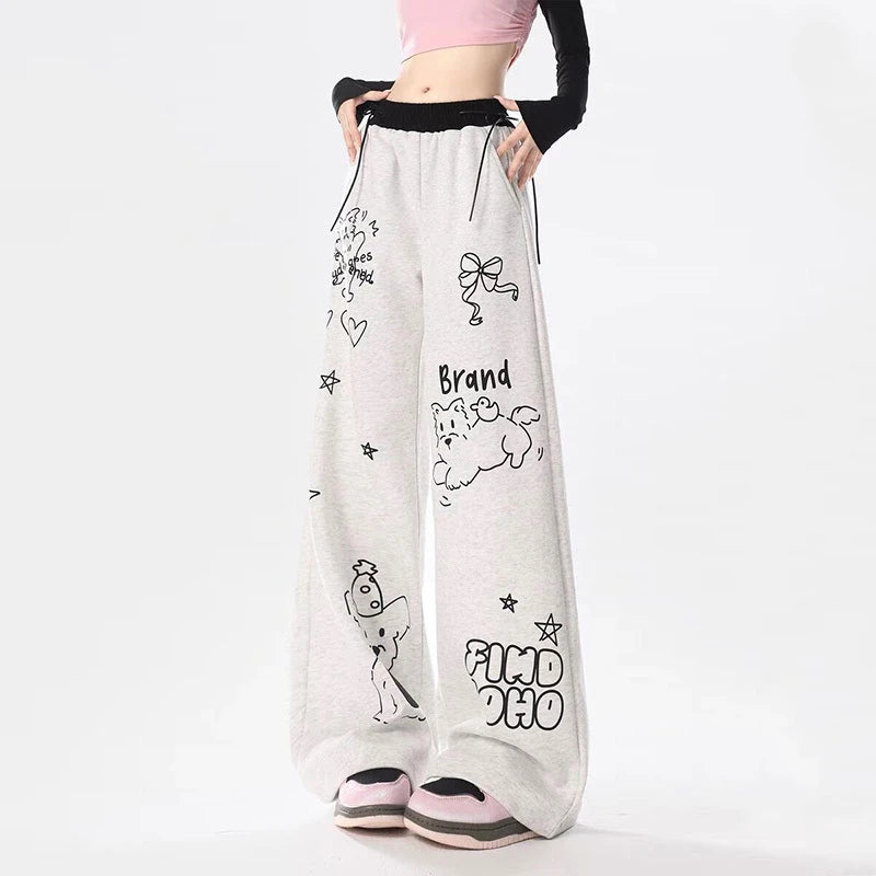Women's Hand-Painted Loose Fit Straight Sweatpants - Elastic High-Waist with Drawstring