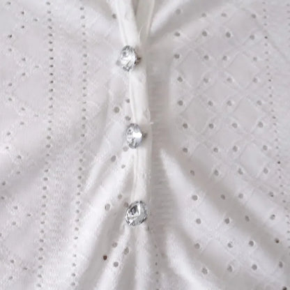 Women's Lace Patch Button-Up V-Neck Short Sleeve Blouse