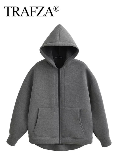 TRAFA Women's Zipper Hoodie Jacket – Loose Fit Casual Zip-Up Sweatshirt for Women