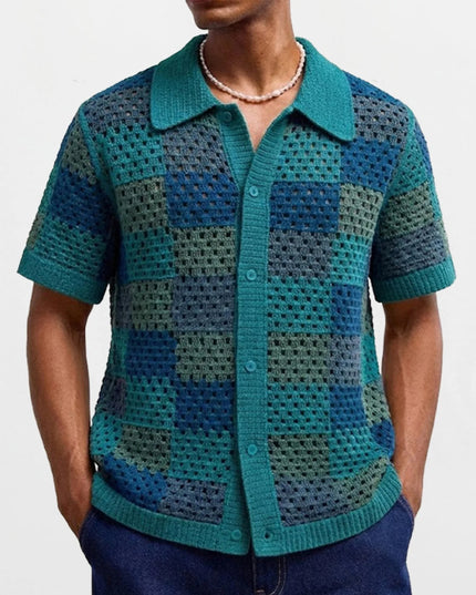 Men's Crochet Short Sleeve Casual Button-Down Shirt