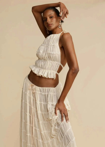 womens Halter Neck Long   Backless Sling Top Lace Up Fold Maxi dress