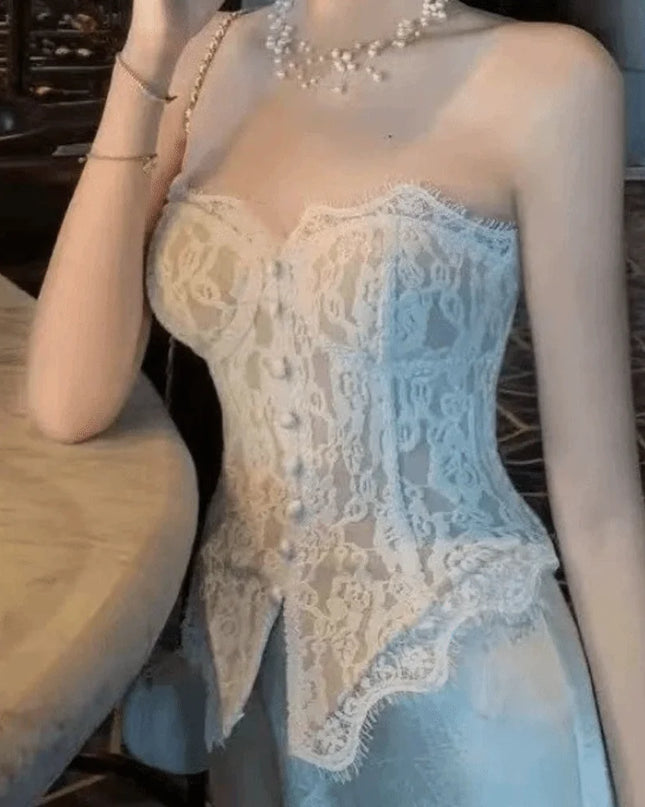 Women's Elegant Sheer Lace Camisole with Sleeveless Fishbone Design