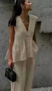 Women's 2-Piece V-Neck Backless Halter Lace-Up Vest with Straight Pants