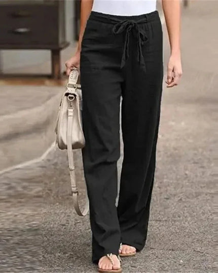 Women's Casual Loose Cotton Linen Pants - Elastic Waist, Straight Fit,