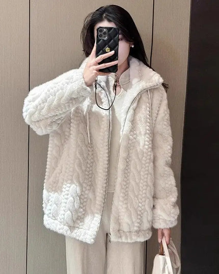Women's Korean Style Loose Fit Stand Collar Faux Fur Coat