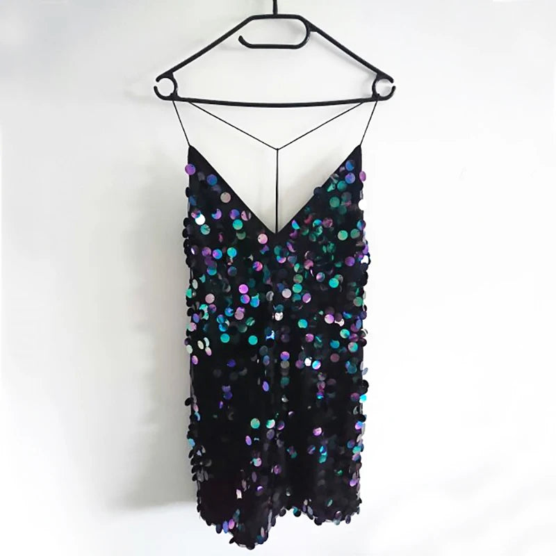 Women's Short Black Sequin Dress with Glitter Straps