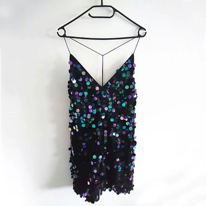 Women's Short Black Sequin Dress with Glitter Straps