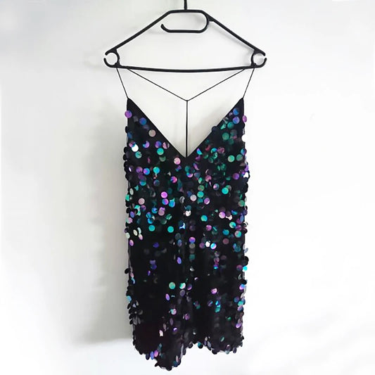Women's Short Black Sequin Dress with Glitter Straps
