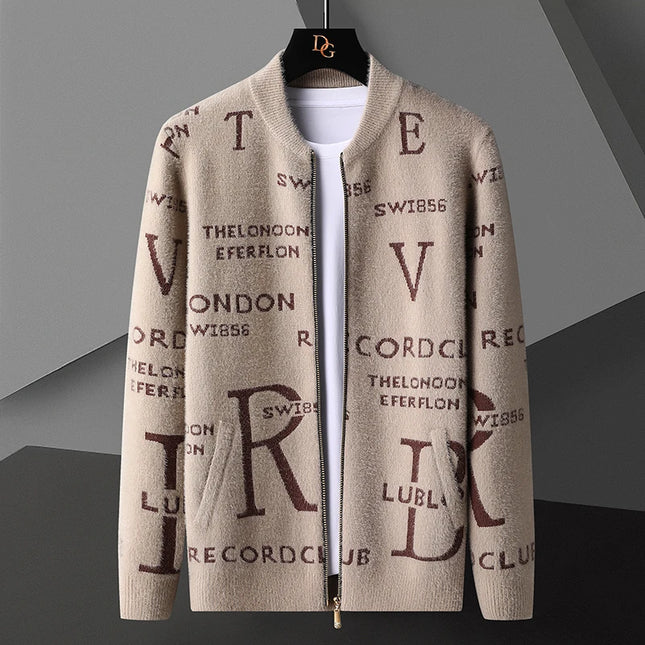 Retro Jacquard Men's Cardigan Jacket with Stand-Up Collar