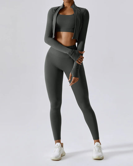 3-Piece Women's Workout Sets | Sportswear Gym Clothing with Zipper Long Sleeve Top & High-Waisted Leggings