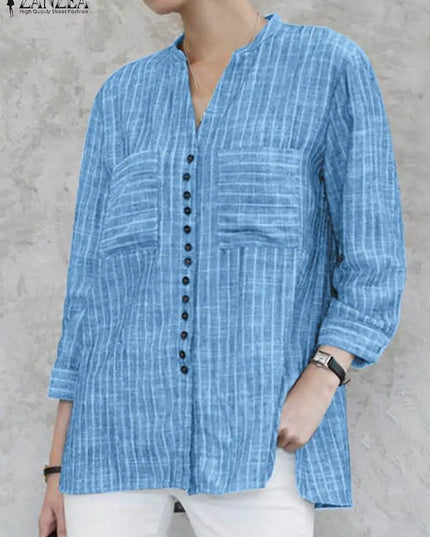 ZANZEA Women's Vintage Striped Blouse - 3/4 Sleeve Loose-Fitting Button-Up Shirt