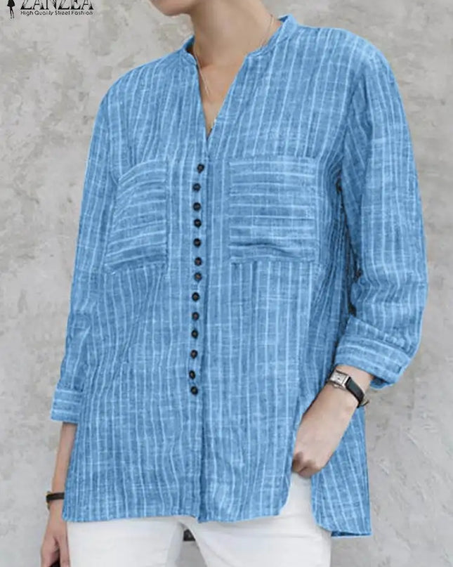 ZANZEA Women's Vintage Striped Blouse - 3/4 Sleeve Loose-Fitting Button-Up Shirt