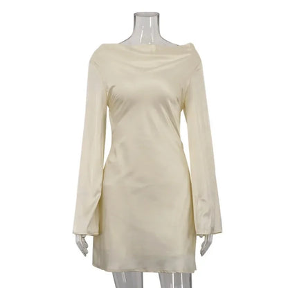 Women's Backless Satin Dress - Lace-Up Long Sleeve
