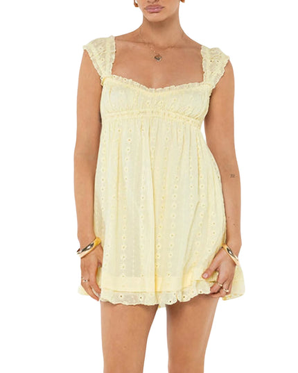 Women's Mini Dress with Low Cut, Floral Embroidery, and Ruffle Trim