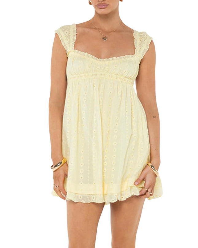 Women's Mini Dress with Low Cut, Floral Embroidery, and Ruffle Trim