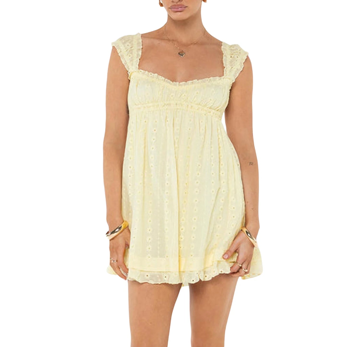 Women's Mini Dress with Low Cut, Floral Embroidery, and Ruffle Trim