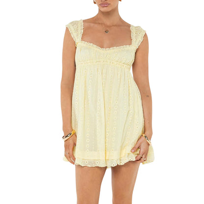 Women's Mini Dress with Low Cut, Floral Embroidery, and Ruffle Trim