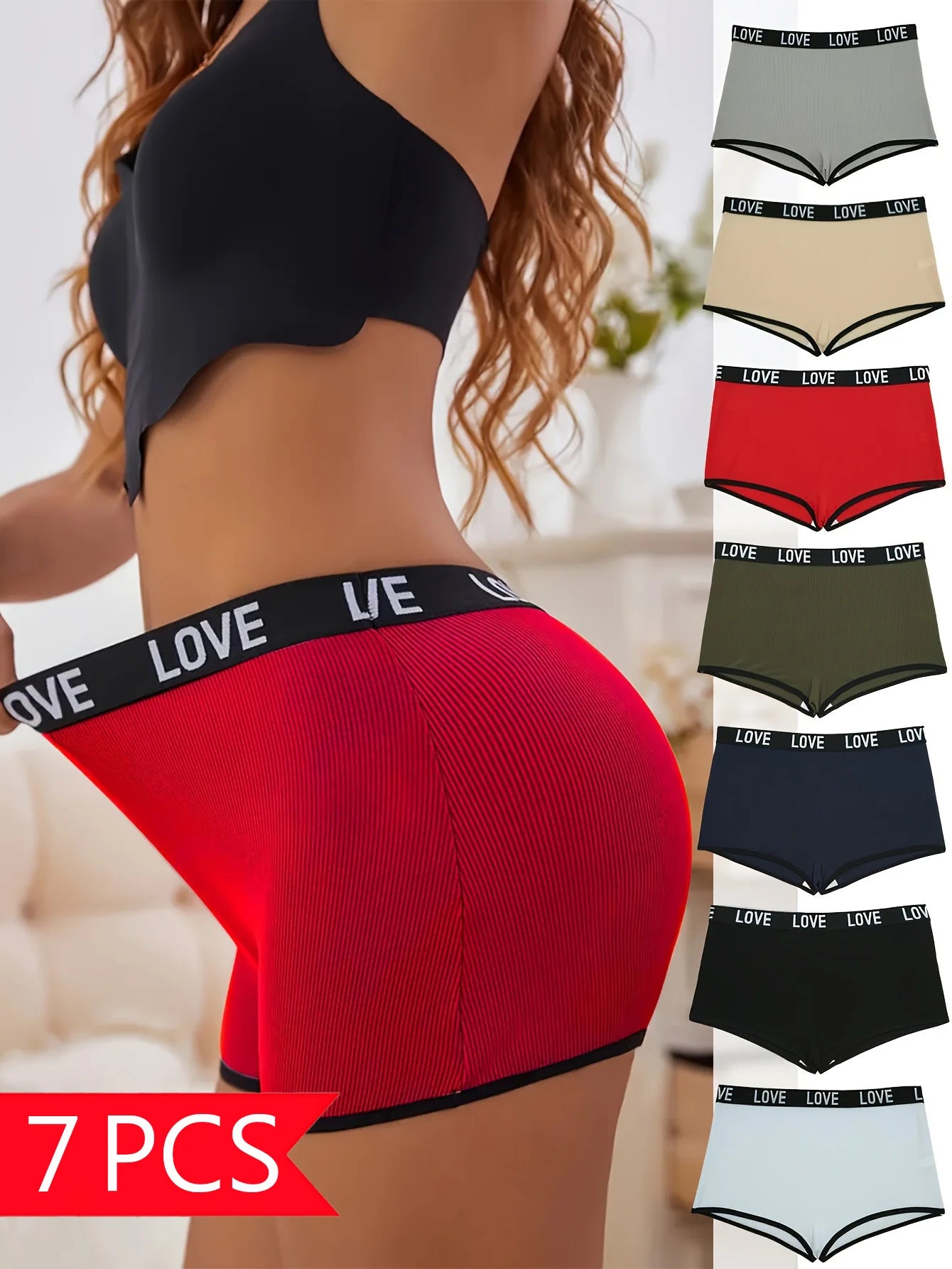 Red underwear with 'LOVE' waistband displayed with additional colors in the corner.