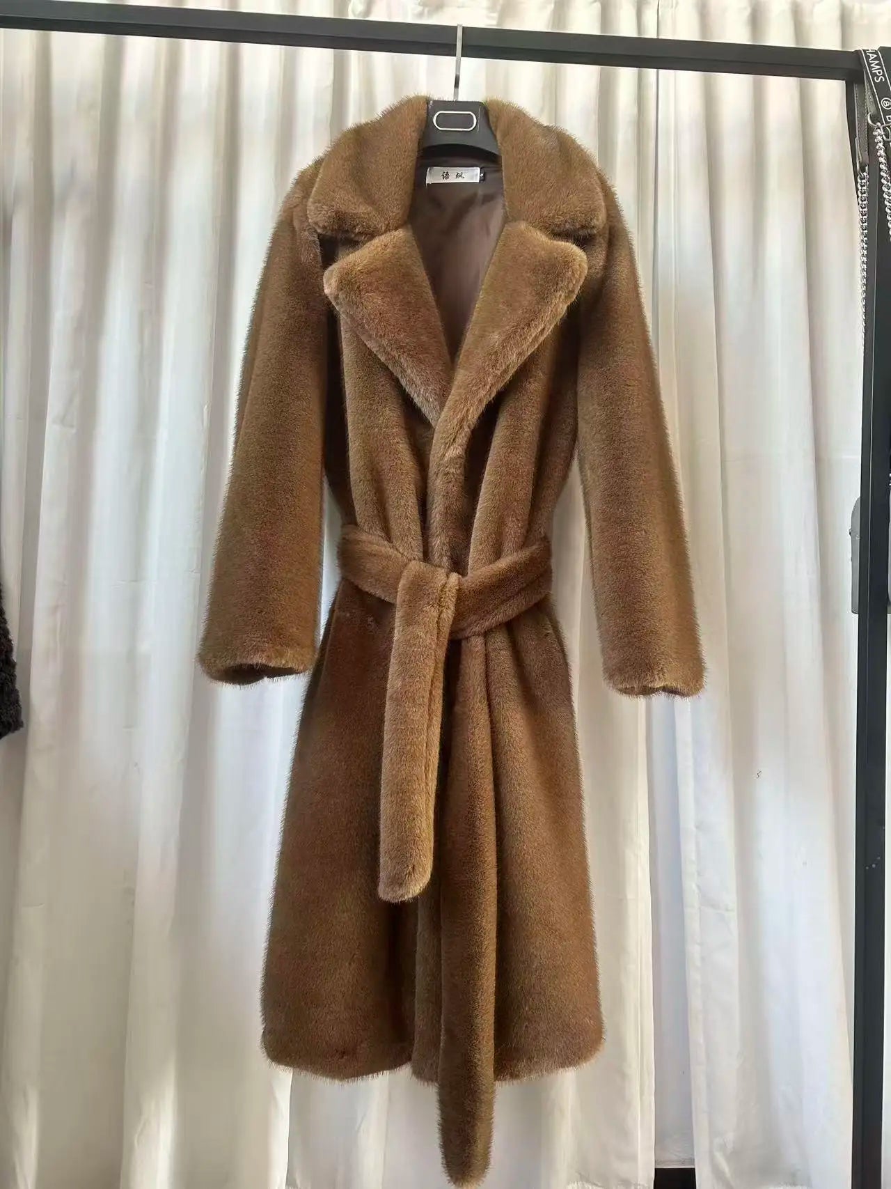 Women's Long Faux Fur Coat - Maxi Overcoat with Lace-Up Turn-Down Collar
