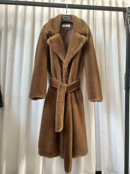 Women's Long Faux Fur Coat - Maxi Overcoat with Lace-Up Turn-Down Collar