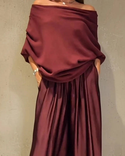 Women's Elegant Two-Piece Set - Slash Collar Off-Shoulder Top & Satin Wide-Leg Pants
