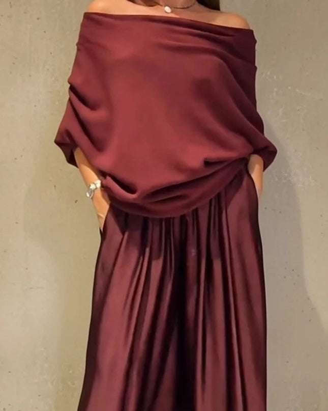 Women's Elegant Two-Piece Set - Slash Collar Off-Shoulder Top & Satin Wide-Leg Pants