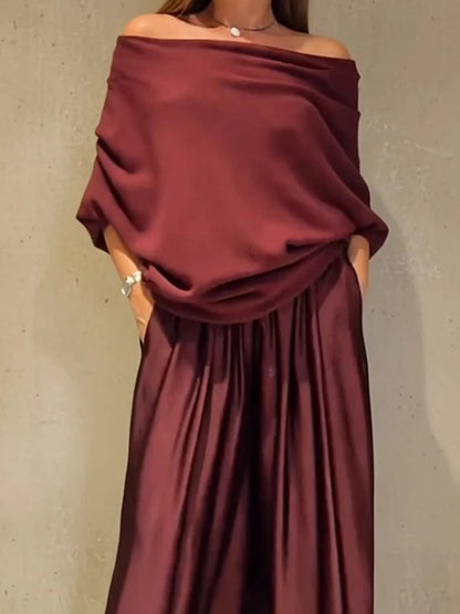 Women's Elegant Two-Piece Set - Slash Collar Off-Shoulder Top & Satin Wide-Leg Pants