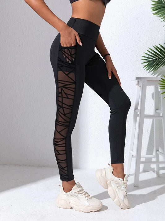 High Waist Mesh Patchwork Pants for Women - Leggings with Side Panel & Cut-Out Design