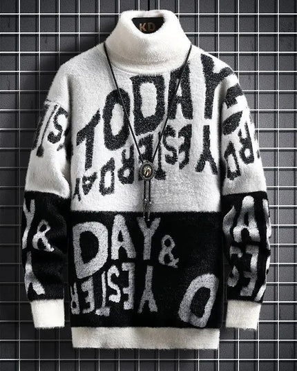 Men's Long Sleeve Turtleneck Sweater with Letter Print