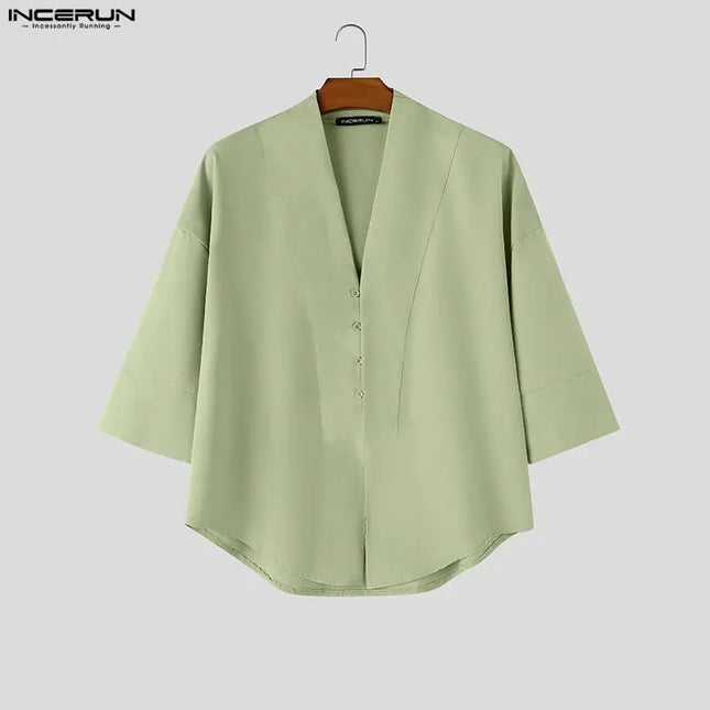 INCERUN Men's V-Neck Half Sleeve Loose Fit Shirt