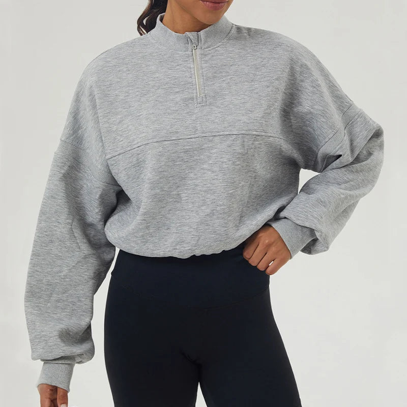 Women's High Neck Oversized Quarter Zip Cropped Sweater with Drawstring