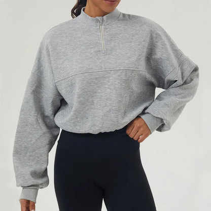 Women's High Neck Oversized Quarter Zip Cropped Sweater with Drawstring