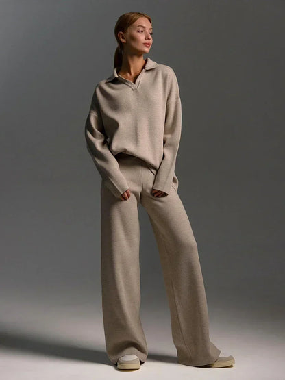 Women's Thick Knitted 2 Piece Set: Soft Polo Neck Sweater & Wide Leg Pants