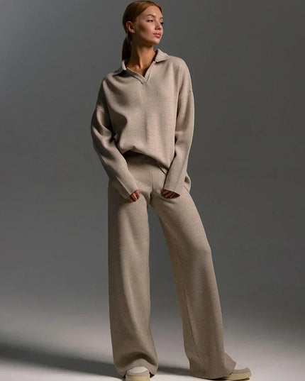 Women's Thick Knitted 2 Piece Set: Soft Polo Neck Sweater & Wide Leg Pants