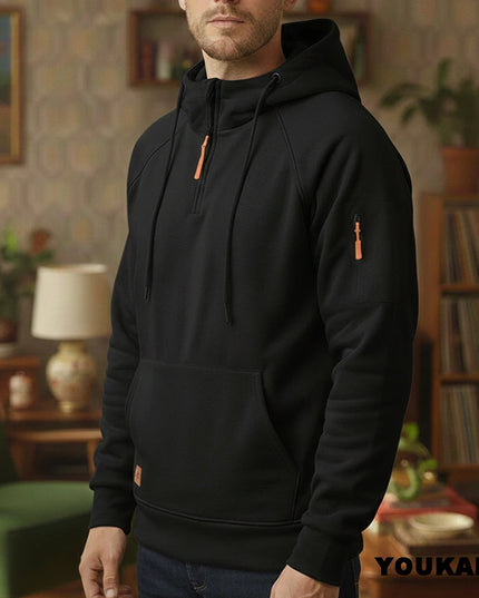 Men's Retro Hooded Sweatshirt with Long Sleeves, Zipper, Multiple Pockets
