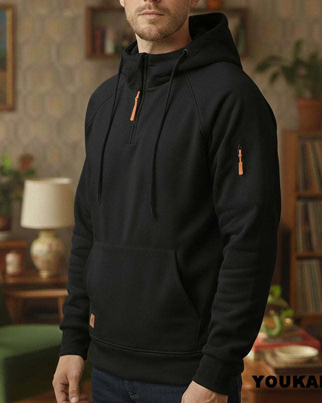 Men's Retro Hooded Sweatshirt with Long Sleeves, Zipper, Multiple Pockets