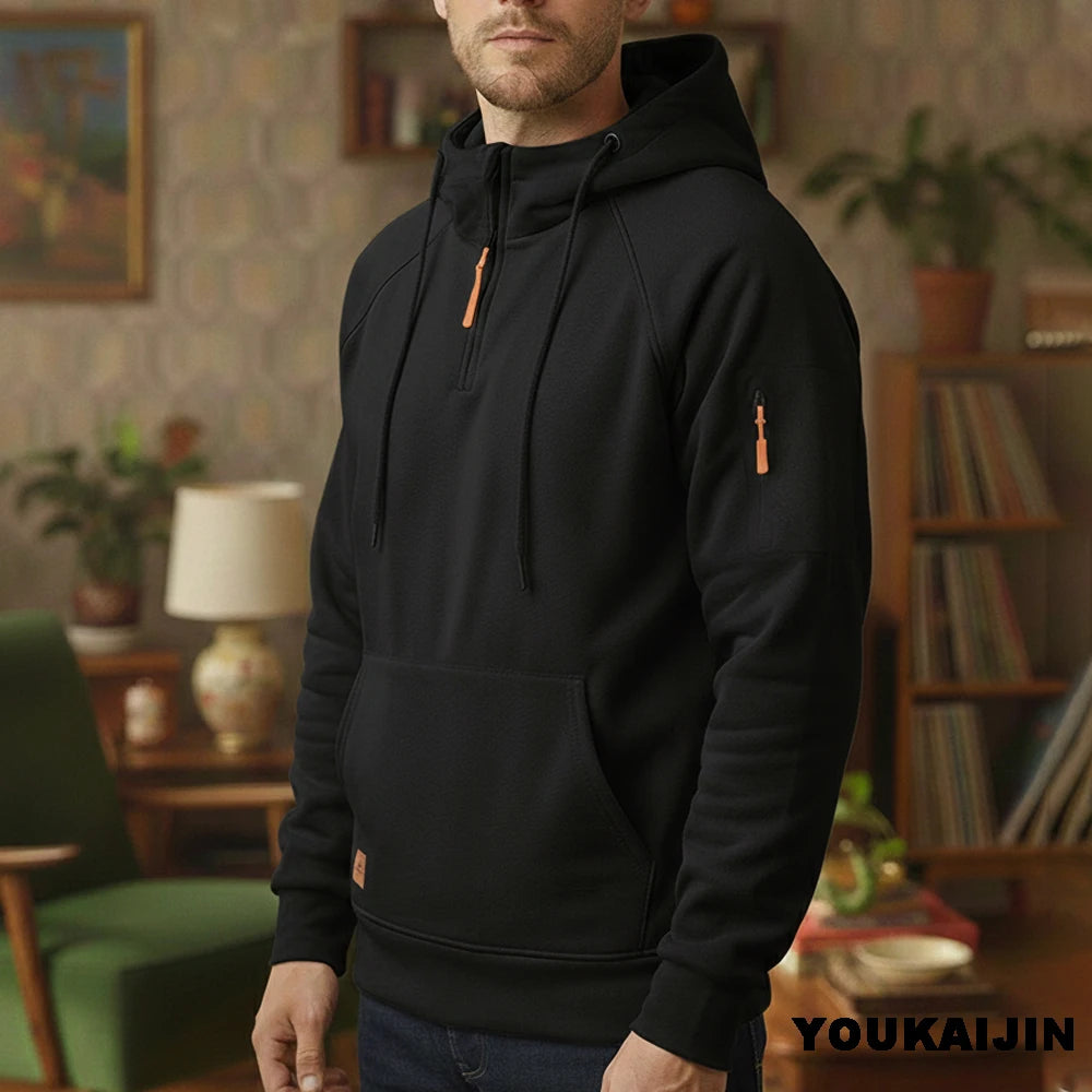 Men's Retro Hooded Sweatshirt with Long Sleeves, Zipper, Multiple Pockets