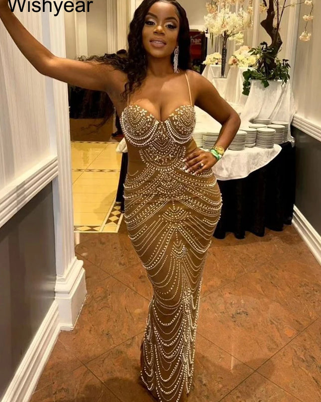 Wishyear Women's Luxe Brown Gown with Sparkling Crystal Rhinestones and Pearls