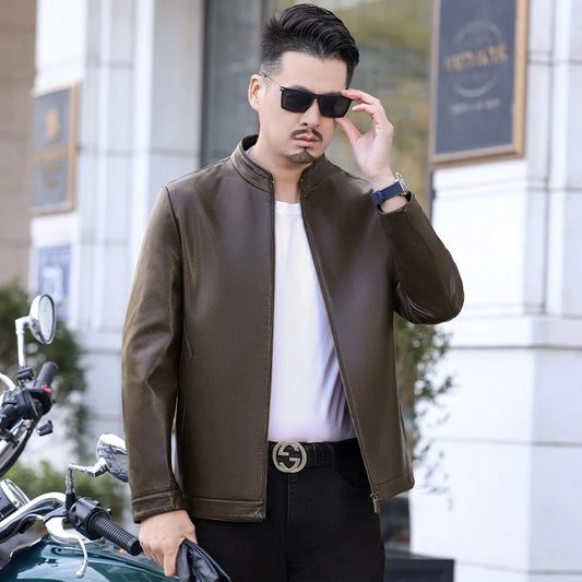 Men's Stand Collar Natural Sheep Leather Jacket Thin