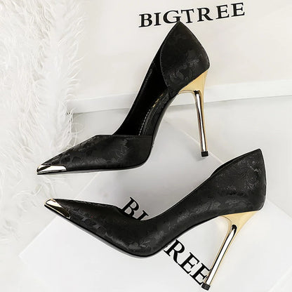 BIGTREE Women's 11cm Heels - Satin & Silk Metal Pointed Toe High Heels