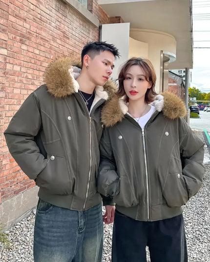 Unisex Fur Collar Hooded Parkas - Thicken Padded Casual Jackets with Zipper