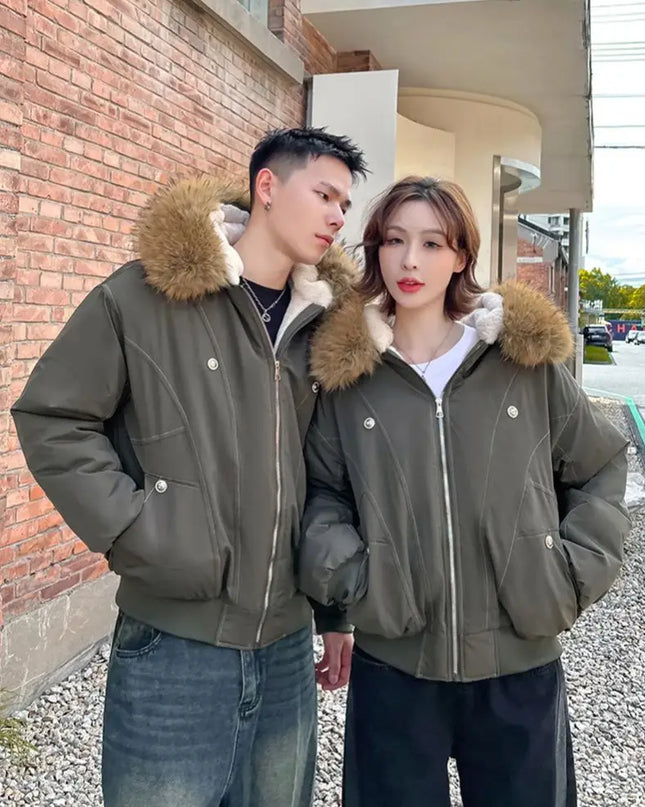 Unisex Fur Collar Hooded Parkas - Thicken Padded Casual Jackets with Zipper