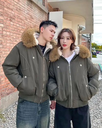 Unisex Fur Collar Hooded Parkas - Thicken Padded Casual Jackets with Zipper