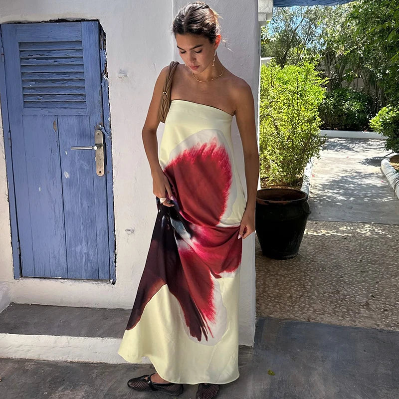 Women's Floral Off-Shoulder Strapless Backless Maxi Dress – Loose Fit