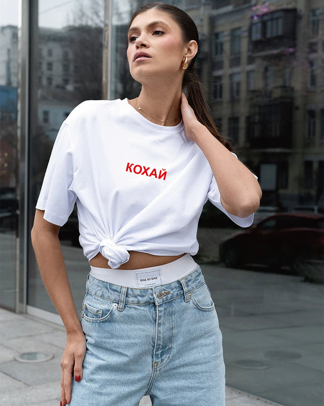 Women's "Кохай" Print Cotton T-Shirt - Trendy Summer Casual Top for Women