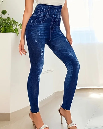 Women's Casual Faux Denim High-Waist Elastic Pants