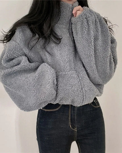 Women's Plush Faux Wool Jacket - Thick Warm Zip-up with Stand Collar